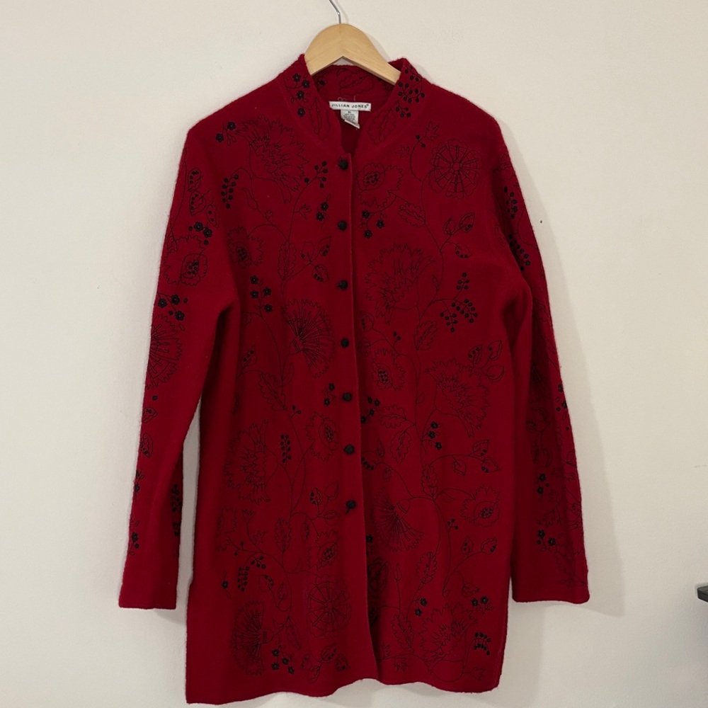 Vintage 100% Wool Red Embroidered Longline Jacket Cardigan Asian Inspired Large
